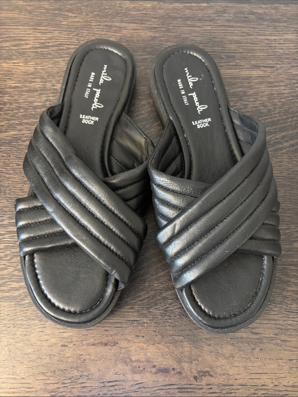 Mila Paoli Made in Italy Black Quilted Crossover Slide Mules Sandals